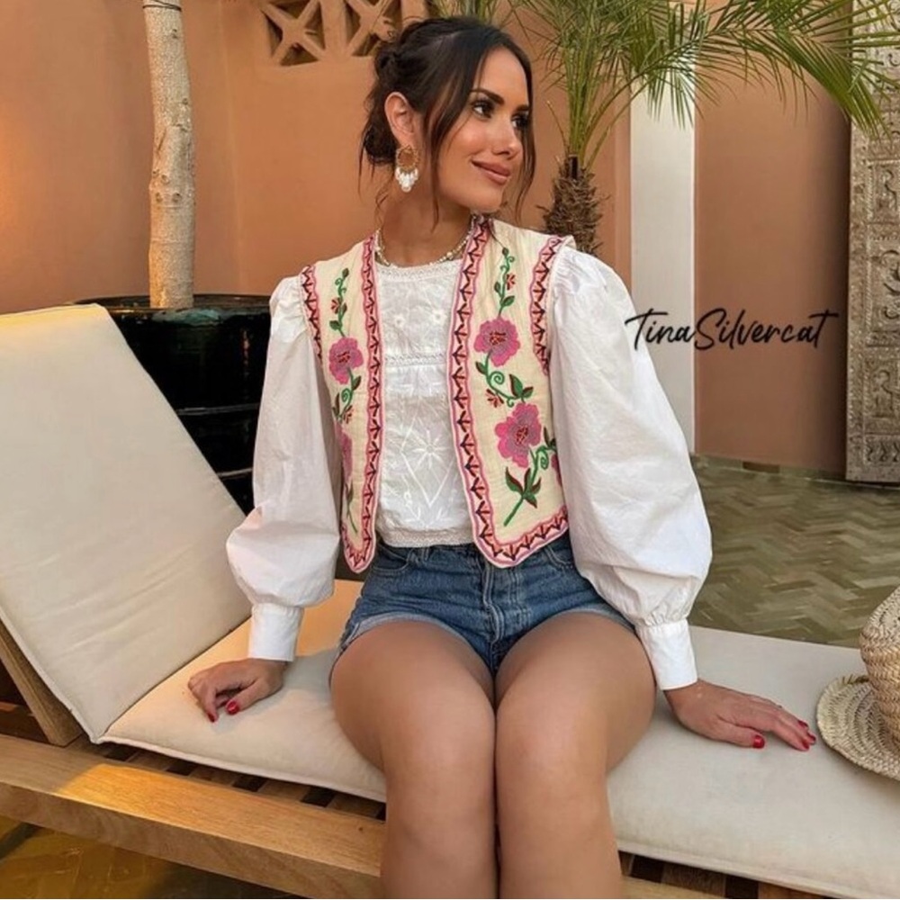 Zara Cream Vest with Pink Floral Embroidered Design Down both sides